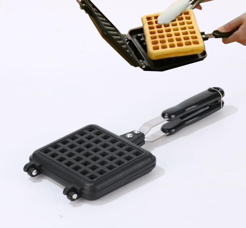 ホットサンドワッフルメーカ、ワッフルメーカー プロ、直火・IH対応 油、石炭、木材などの直接加熱も可能で、さまざまな調理方法に適しています、鋳鉄ワッフルグリル鍋 しっかり挟める、、サンドイッチトースター、ケーキ作、お手入れ簡単 (単頭角ワッフル)